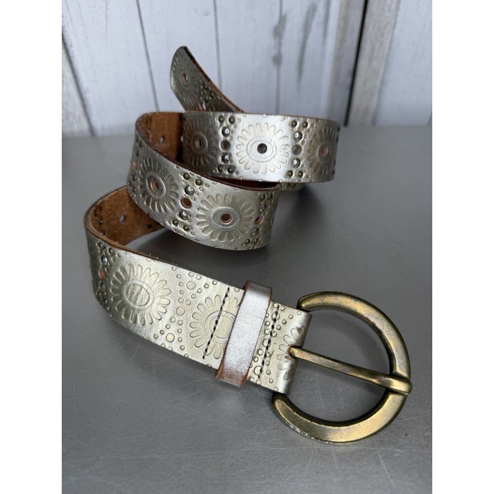Fossil Gold Floral Metallic Leather Belt Buckle Size Large Boho Statement Y2K